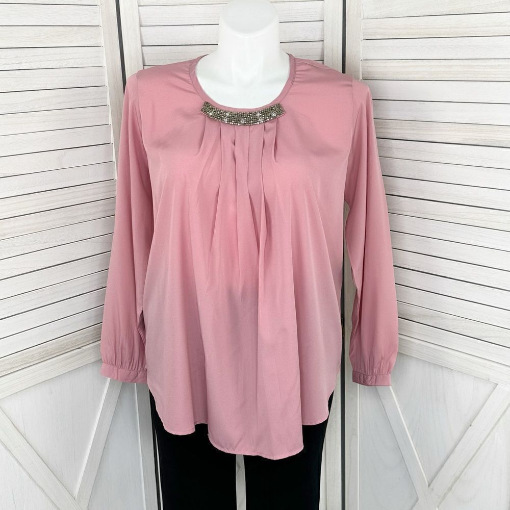 Anthony Richards Beaded Neck Pleat‎ Front Blouse Pink Rose 12 Long Sleeve
